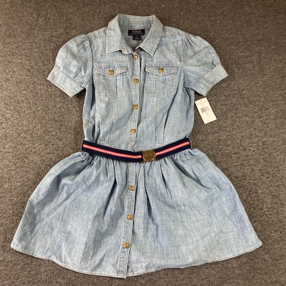 NWT Polo Ralph Lauren Girls Denim Dress Size 12 Light Blue Puffed Sleeve Belted - Picture 1 of 9